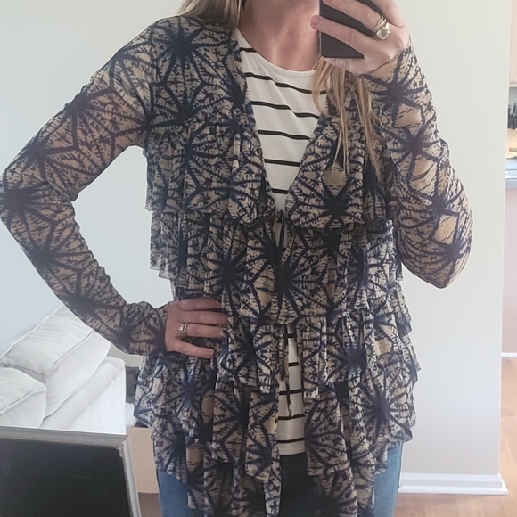 Jean Paul Gauntier Soleil Rare Tie Front Sunburst cardigan top blue tan XL - Picture 10 of 11